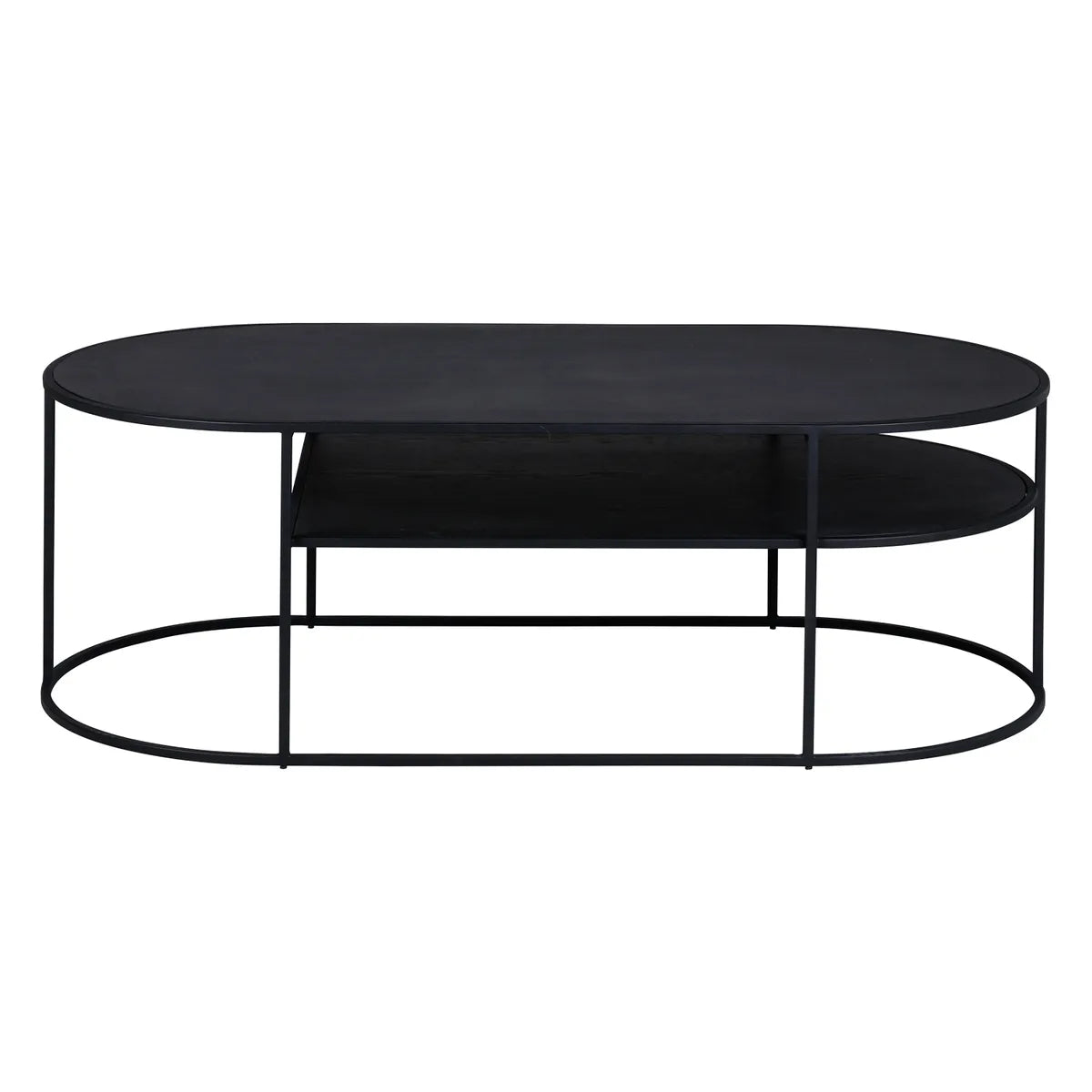 SEAN oval black oak coffee table with metal frame and lower shelf, modern living room furniture