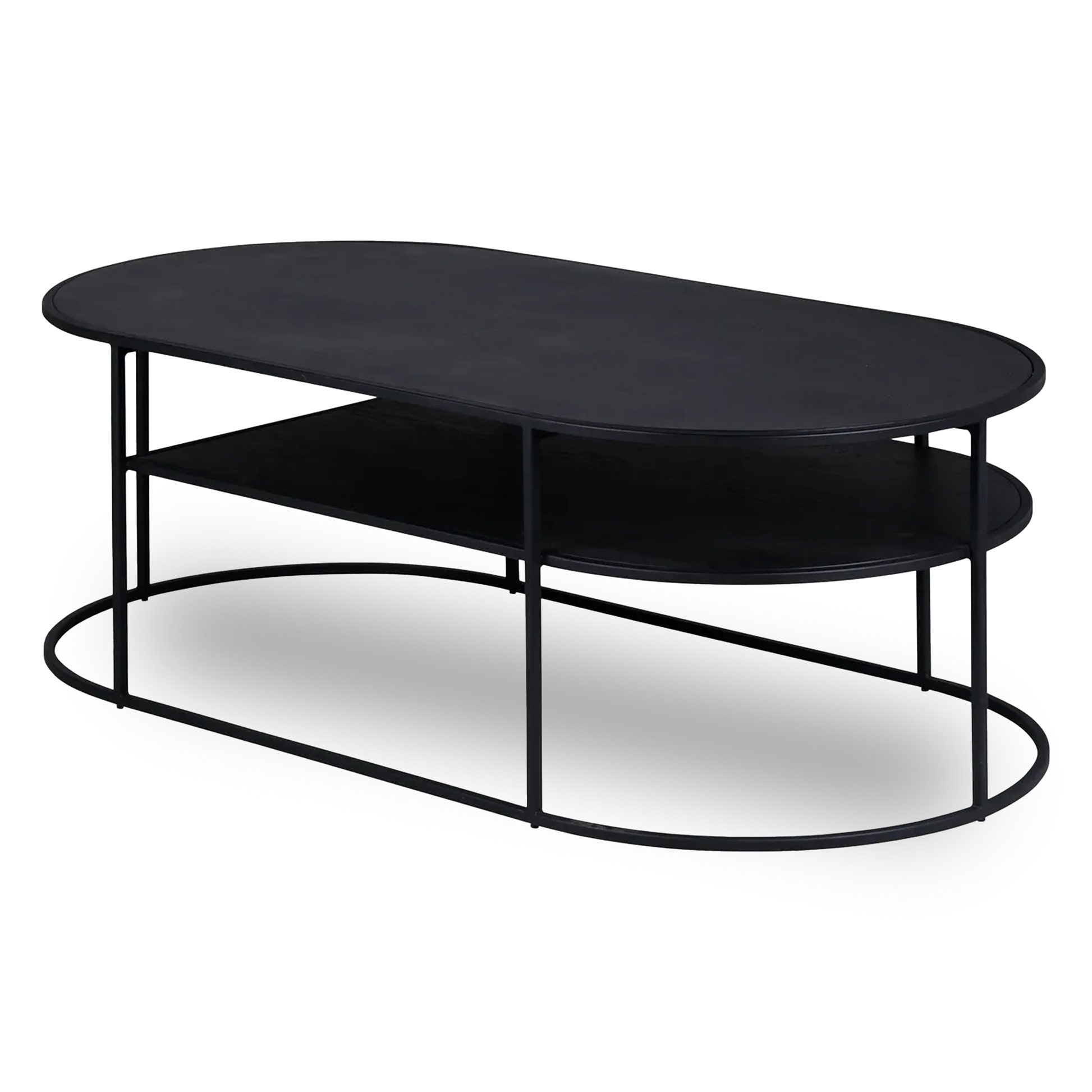 SEAN oval black oak coffee table with metal frame and lower shelf, modern living room furniture