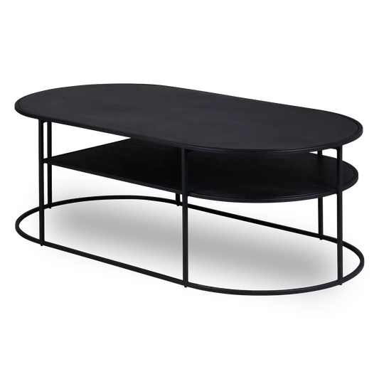 SEAN oval black oak coffee table with metal frame and lower shelf, modern living room furniture