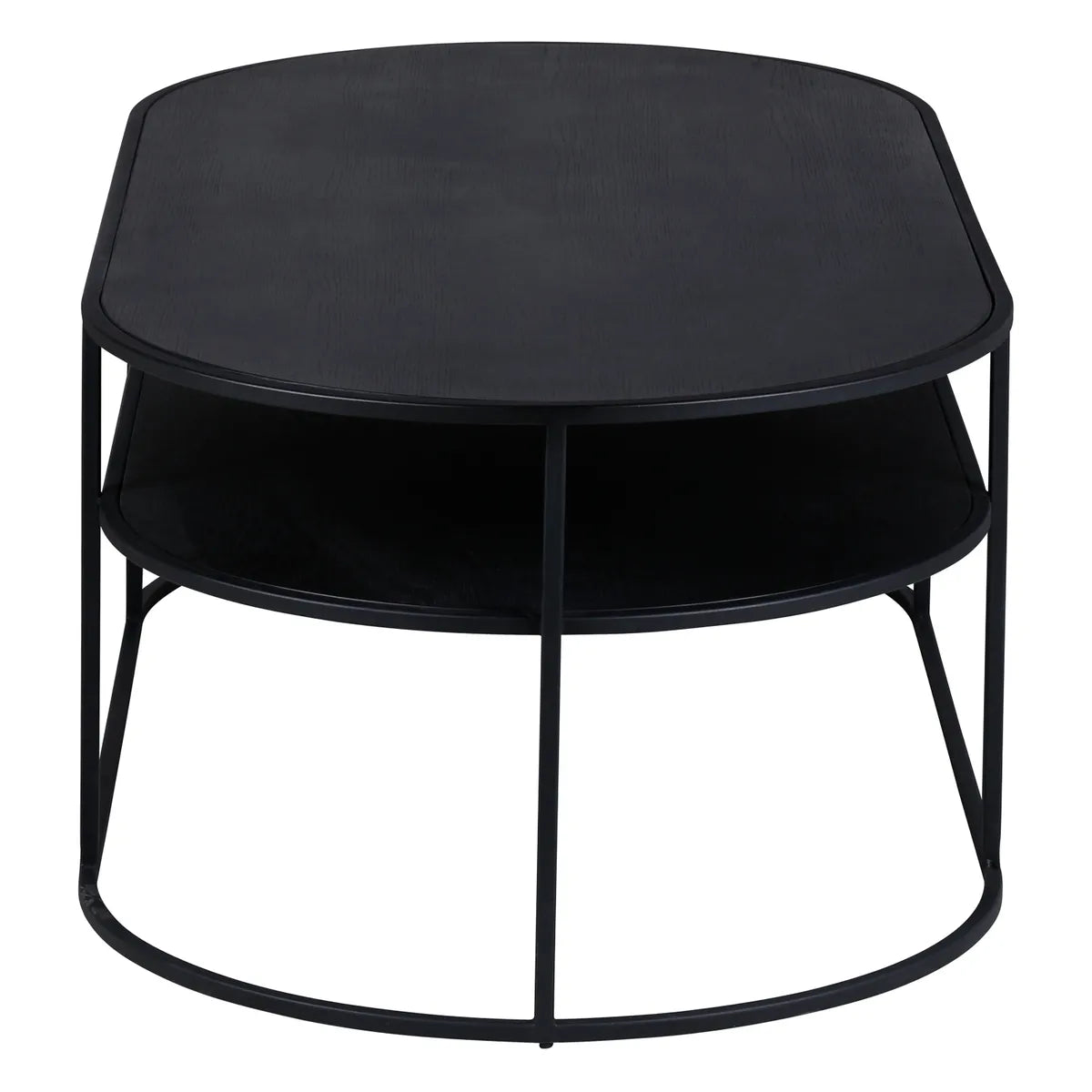SEAN oval black oak coffee table with metal frame and lower shelf, modern living room furniture