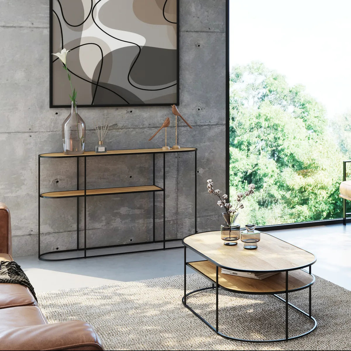AISLING coffee table with natural oak top and black metal frame, featuring lower shelf storage