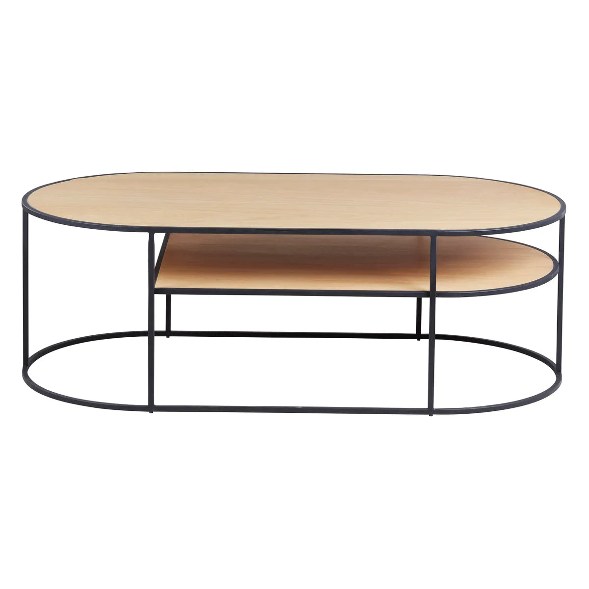 AISLING coffee table with natural oak top and black metal frame, featuring lower shelf storage