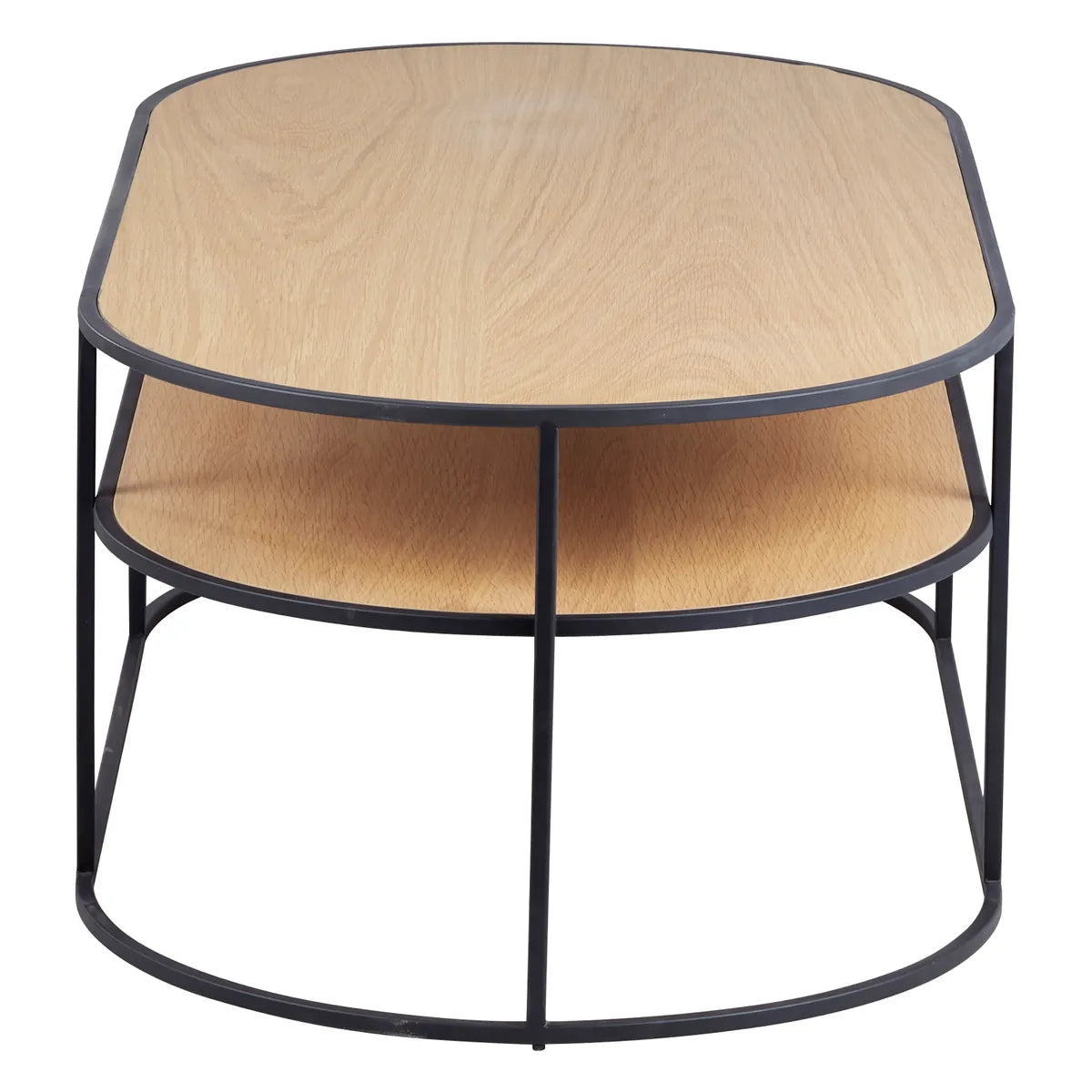 AISLING coffee table with natural oak top and black metal frame, featuring lower shelf storage