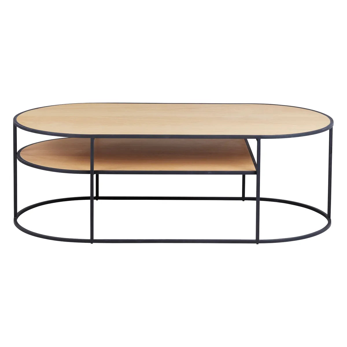 AISLING coffee table with natural oak top and black metal frame, featuring lower shelf storage