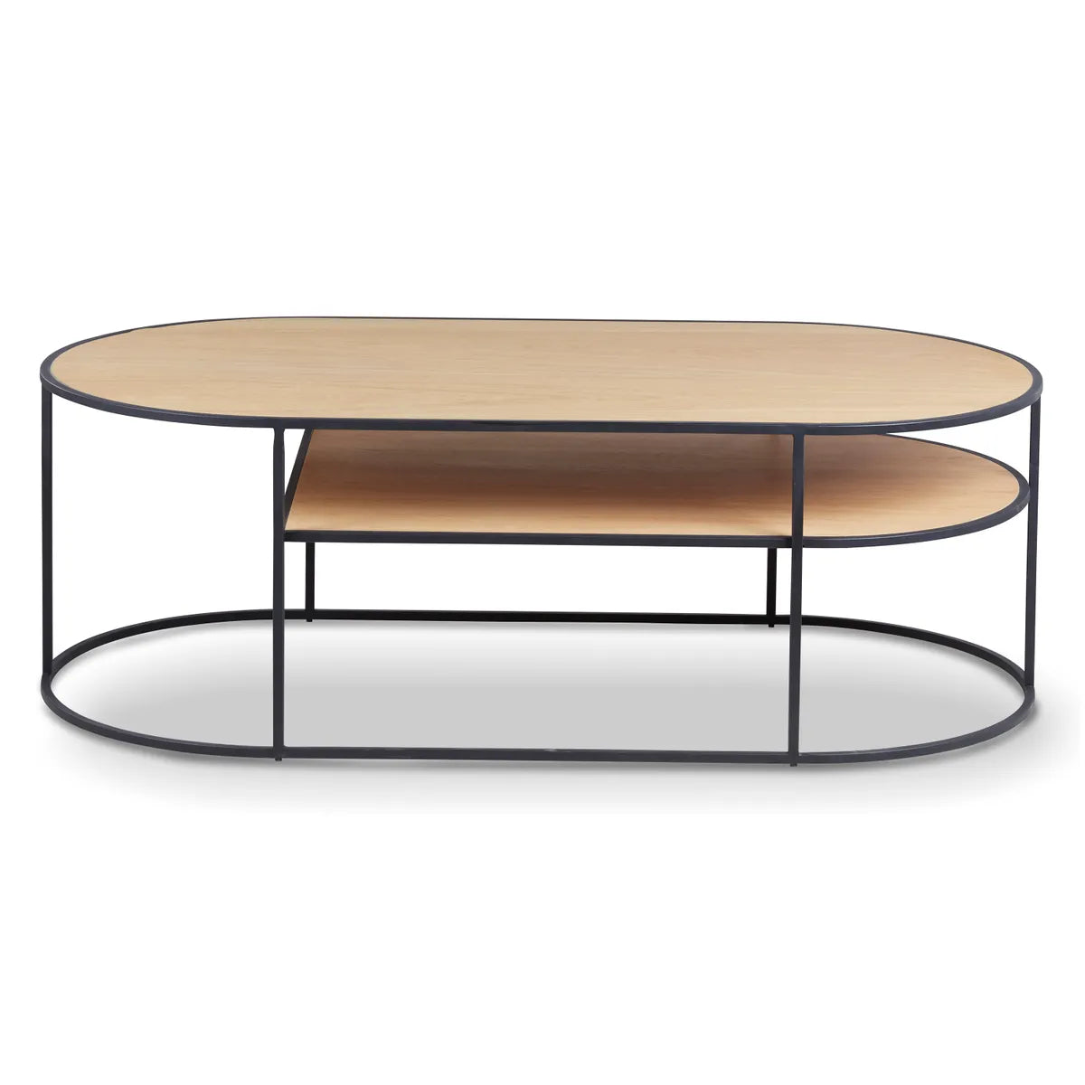 AISLING coffee table with natural oak top and black metal frame, featuring lower shelf storage