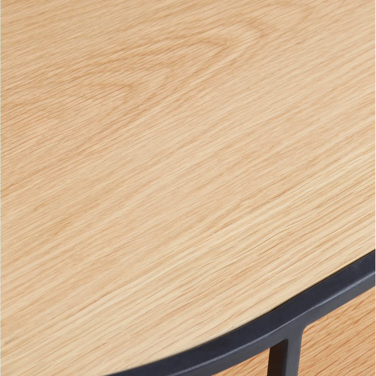 AISLING coffee table with natural oak top and black metal frame, featuring lower shelf storage