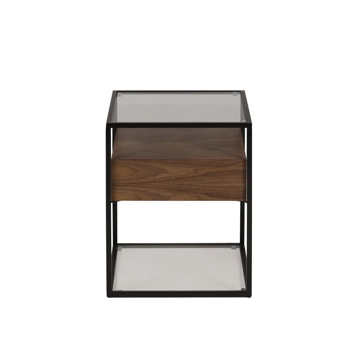 Cayetana 1-drawer end unit with black frame, glass shelves, and wood drawer – AK Interior Living