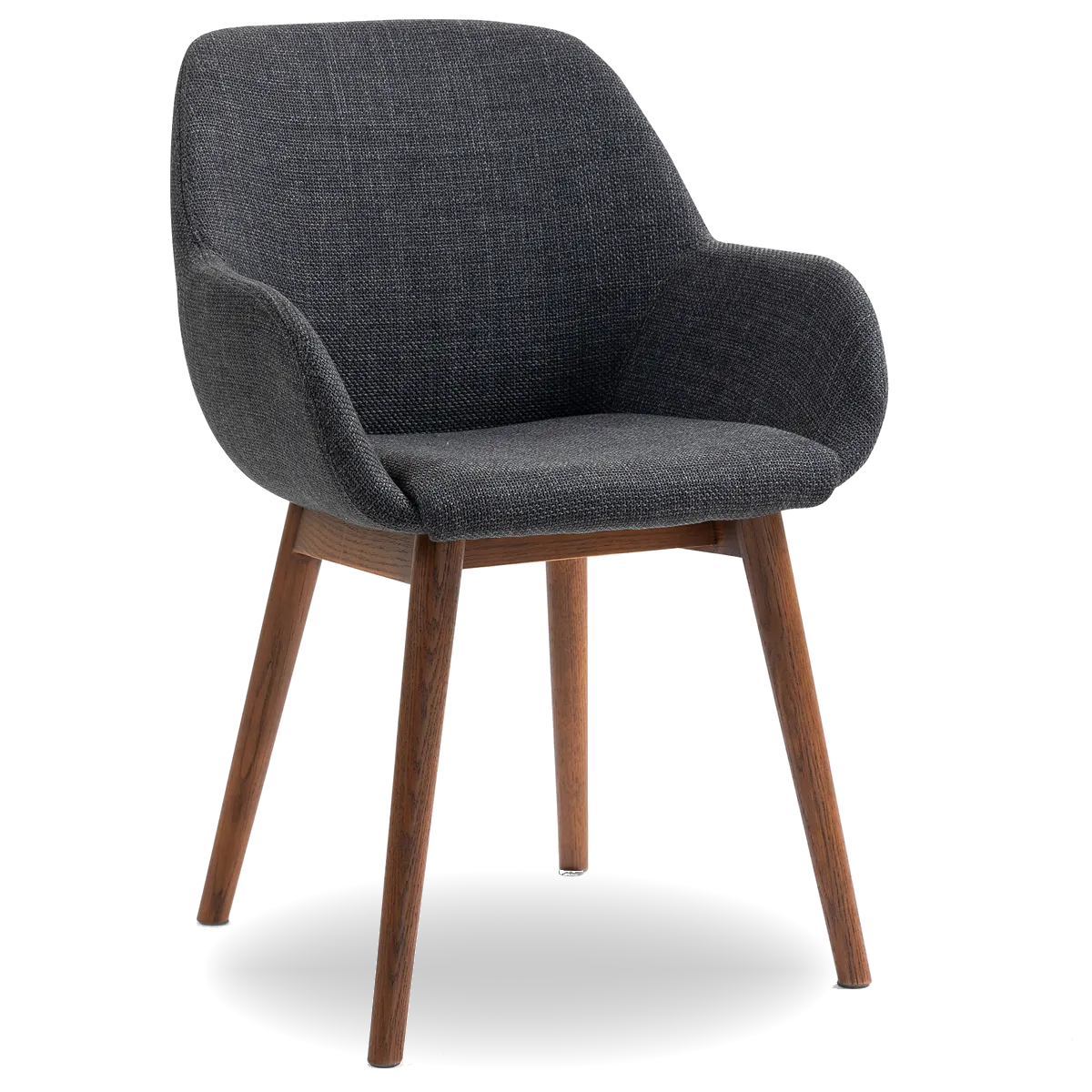 Angled view of ROMA fabric dining chair with dark oak wooden legs and curved armrest design