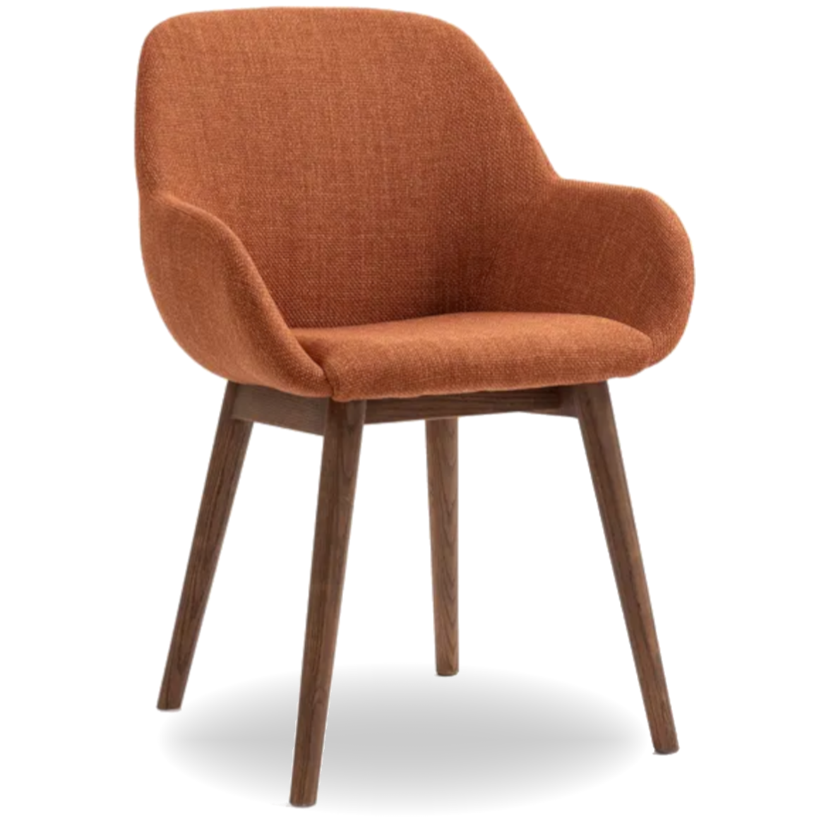 Angled view of ROMA fabric dining chair with dark oak wooden legs and curved armrest design