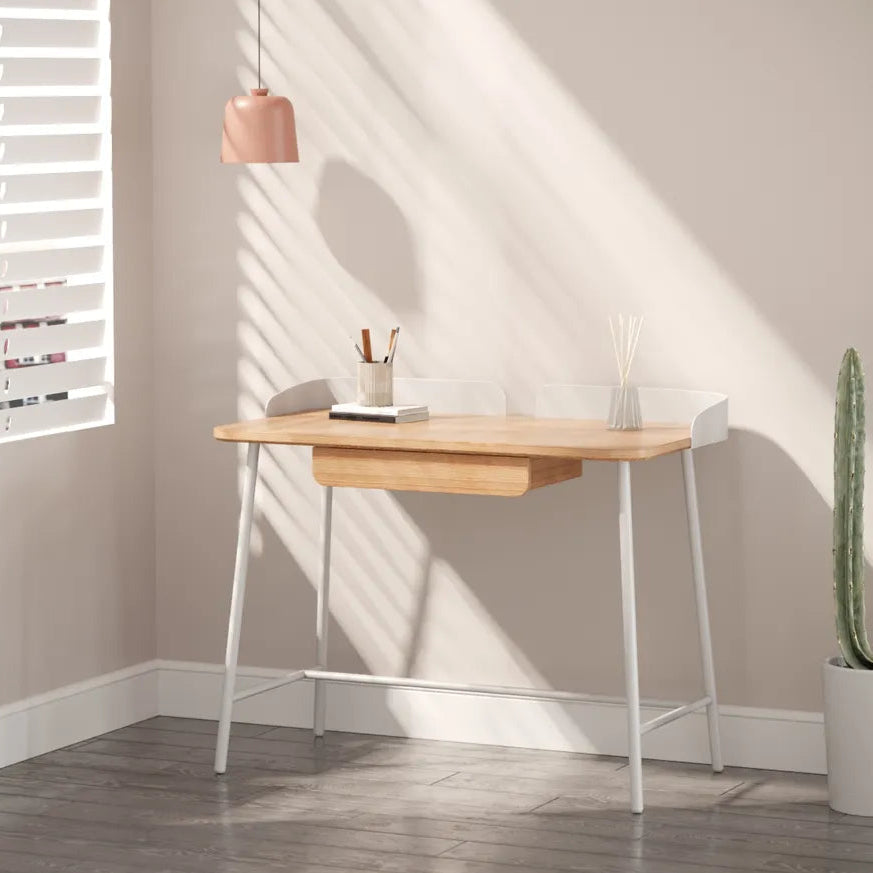 Luna compact 100cm natural wood and white metal desk with drawer – AK Interior Living