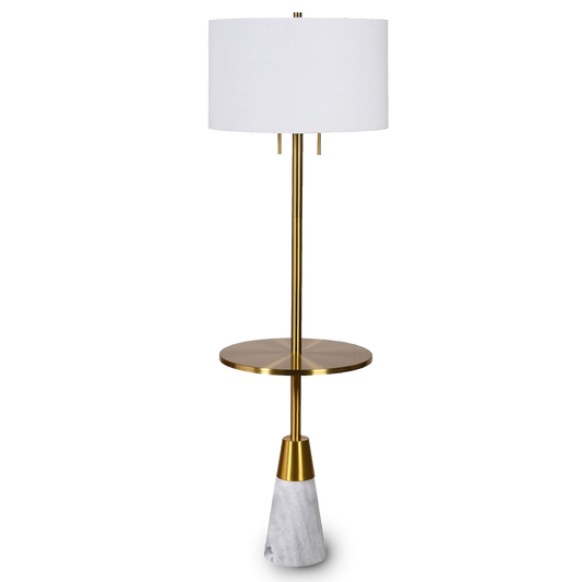 CHARLIE Marble Base Floor Lamp, brass table, and soft fabric shade for modern interiors.