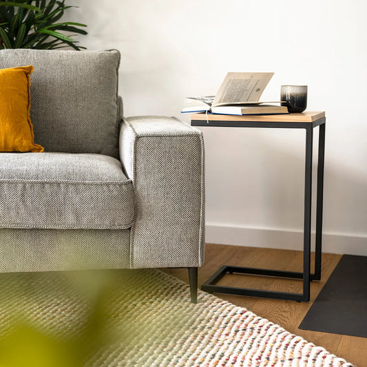 Clara natural C-shaped sofa side table with wood top and black metal base – AK Interior Living