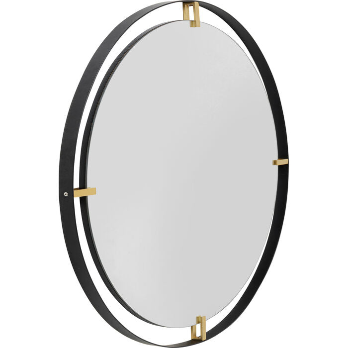 Round wall ARIANA mirror with black metal frame and gold accents, 90cm diameter.
