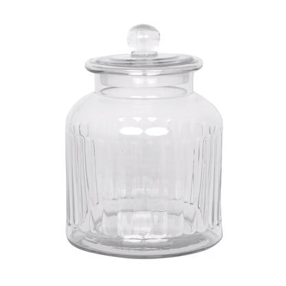 Vera Glass Jar Set – clear ribbed glass storage jars with elegant lids, available in small, medium, and large sizes.
