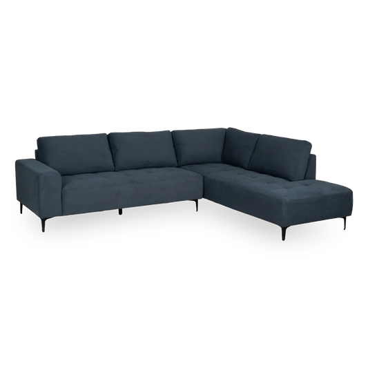 Mario Right Chaise Longue Sofa Blue with deep seats, L-shape design, and slim black legs