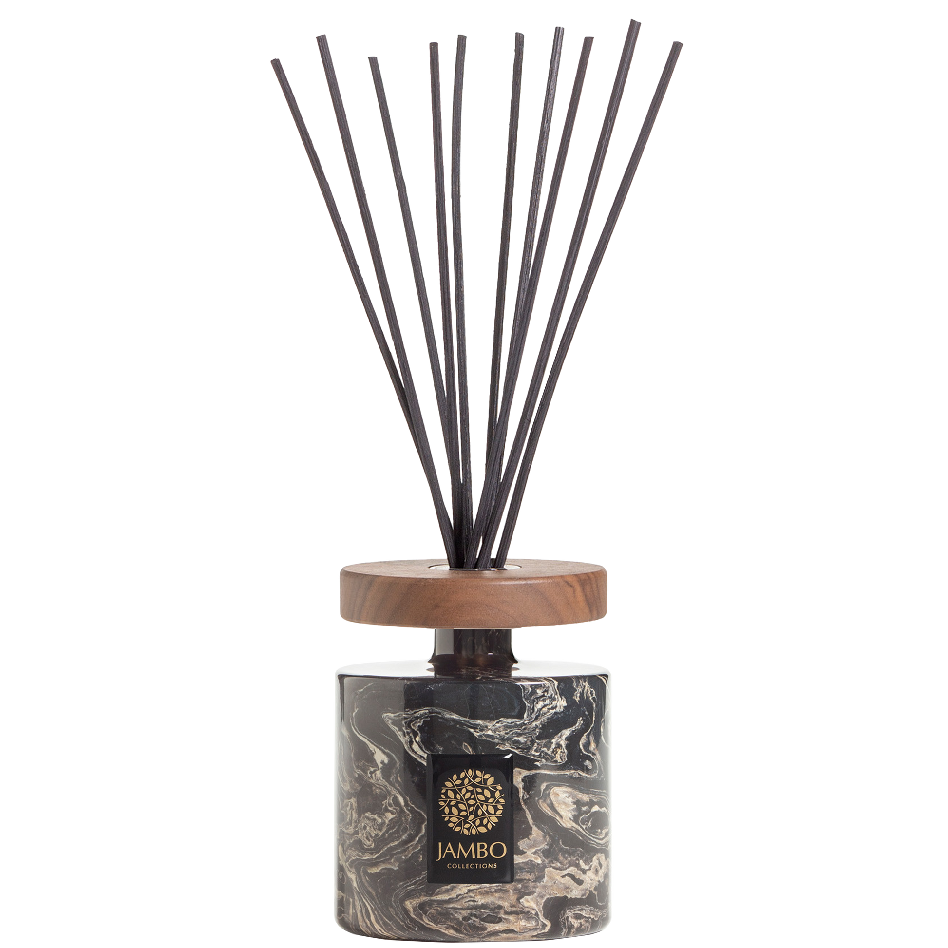 Konoko Reed Diffuser – marble-like diffuser with rhum, saffron, and oudh fragrance from Jambo Exclusivo Collection.