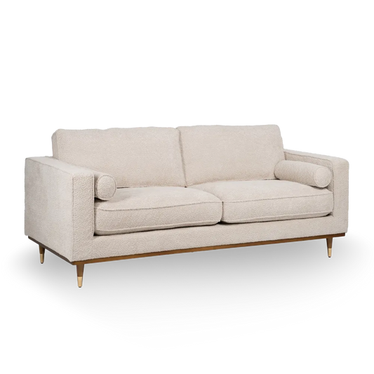 Ignacio 3 Seater Sofa Beige Weave-Wood with boucle-style fabric, bolster pillows, and wooden legs, 215 cm