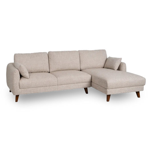 Federico Chaise Longue Sofa Beige Weave-Wood with right-hand chaise, wood legs, and soft beige fabric, 240 x 155 cm

