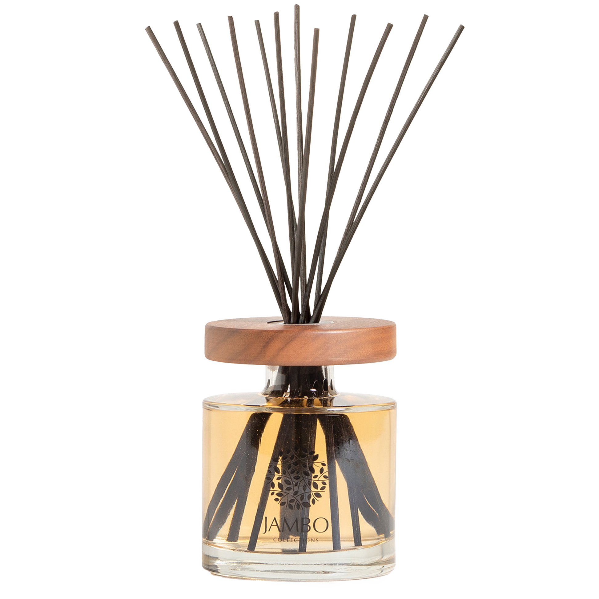 Iguazu Reed Diffuser – elegant glass diffuser featuring pink pepper, raspberry, and leather fragrance from Jambo Elegante.