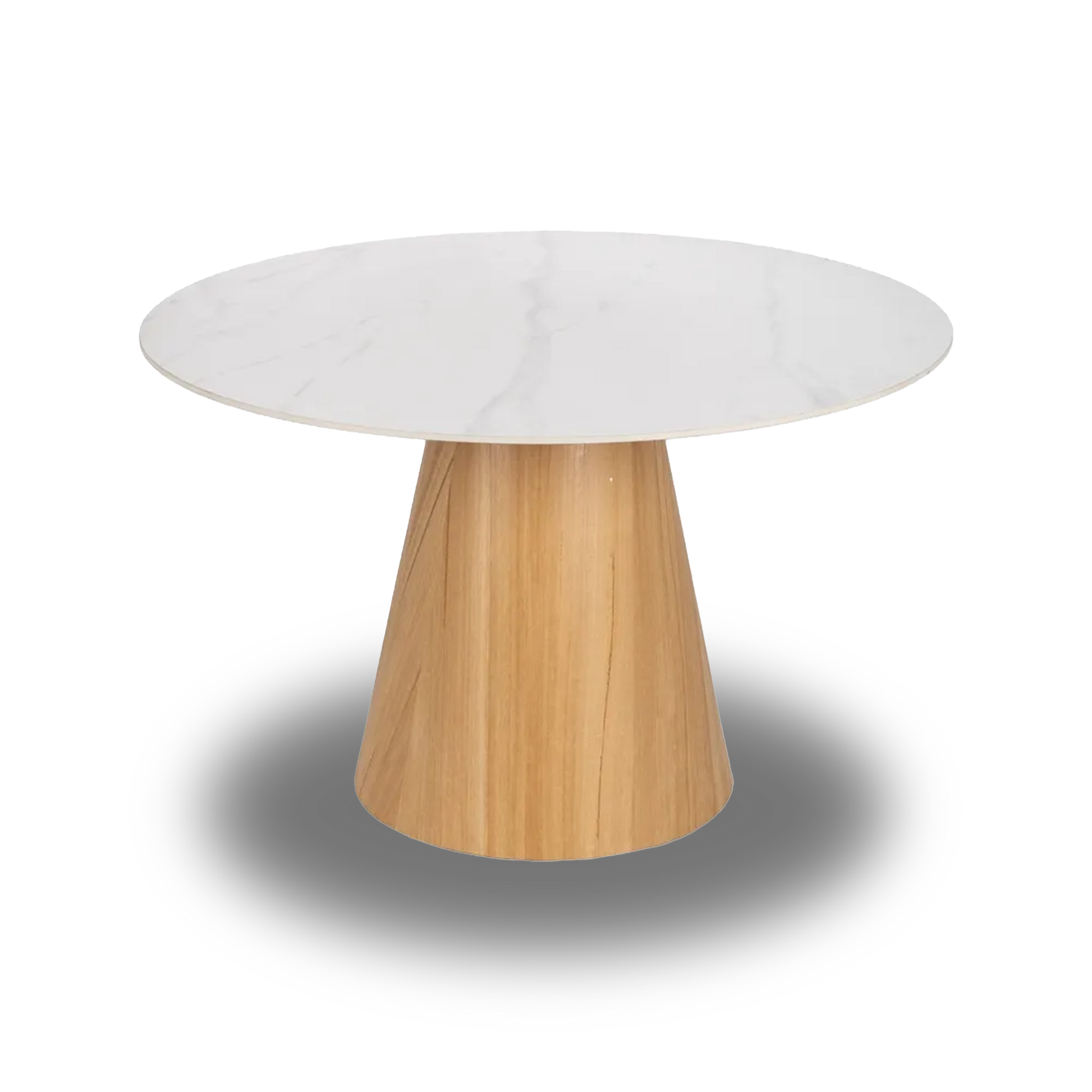 Arnau Dining Table White-Natural with round white ceramic top and conical wood base, 120 cm