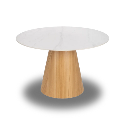 Arnau Dining Table White-Natural with round white ceramic top and conical wood base, 120 cm