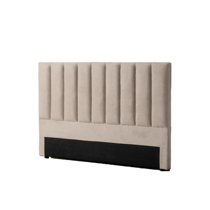 Xavier beige fabric headboard with vertical panels and black base, 160 cm wide for double or queen-sized beds