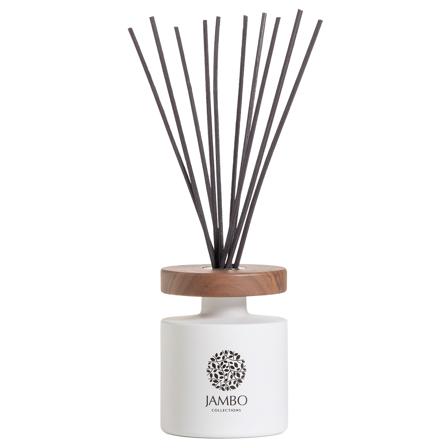 Papua Reed Diffuser – matte-white luxury diffuser with apple, mint, cocoa, and moss notes from Jambo Prestigio Collection.