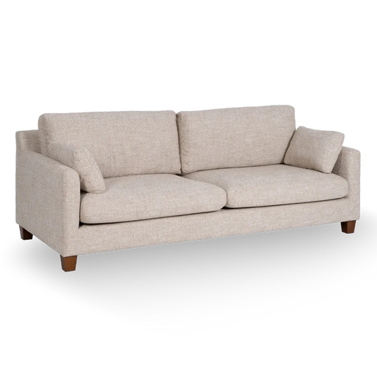 Gael 3 Seater Sofa Beige Weave-Wood with soft fabric cushions and wooden legs, 221 cm wide