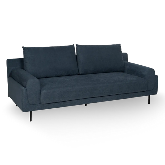 Hugo 3 Seater Sofa Blue Fabric-Metal with deep cushions, rounded arms, and slim black legs, 216 cm