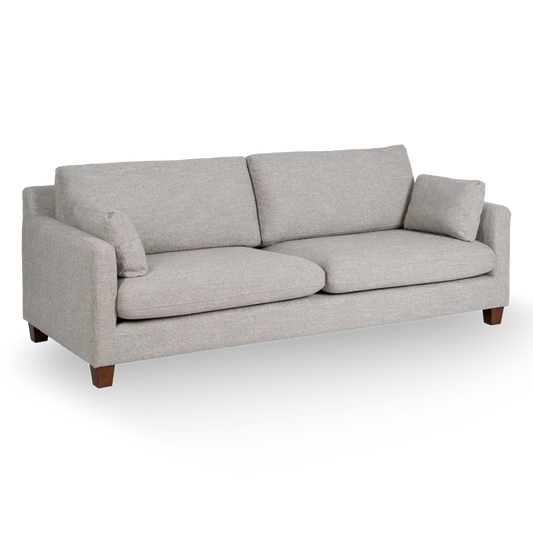 Fernando 3 Seater Sofa Grey Weave-Wood with minimalist frame, soft grey fabric and wood legs, 221 cm