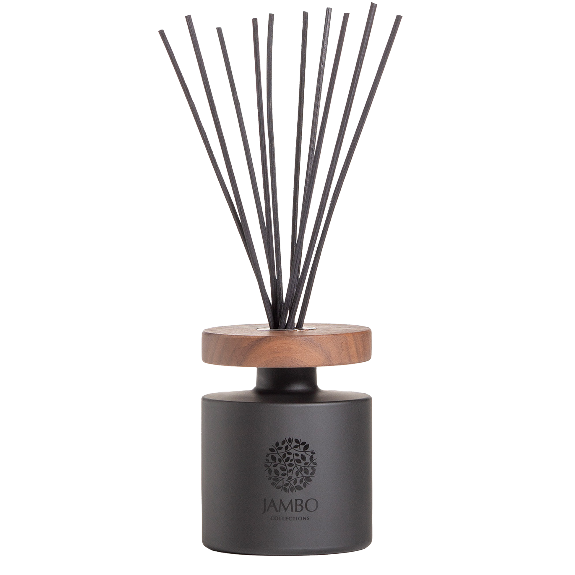 Pico Turquino Reed Diffuser – sleek matte-black diffuser with pepper, saffron, and sandalwood fragrance from Jambo Prestigio.