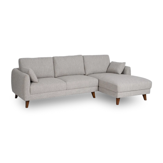 Fabio Chaise Longue Sofa Grey Weave-Wood with right-hand chaise, soft fabric, and wooden legs, 240 x 155 cm