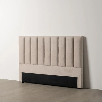 Xavier beige fabric headboard with vertical panels and black base, 160 cm wide for double or queen-sized beds