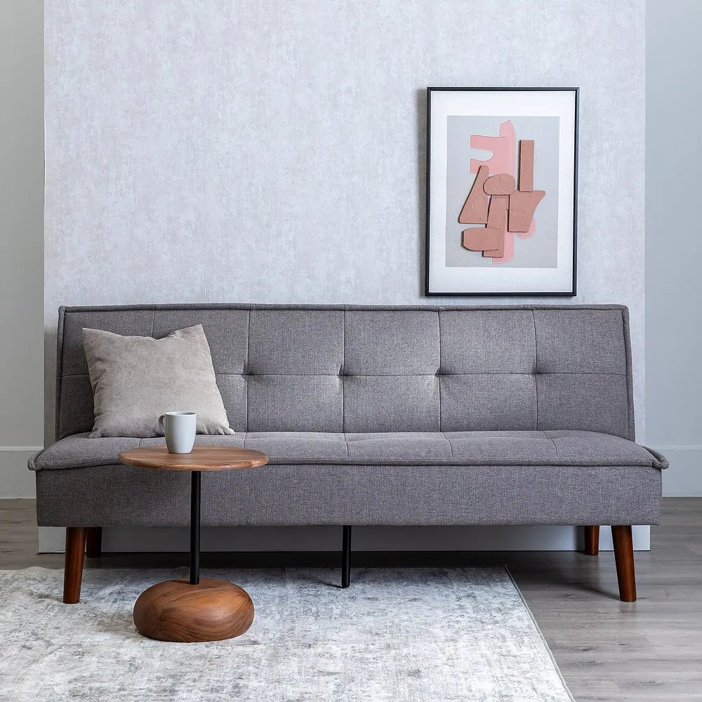 Marti Sofa Bed Grey Metal-Wood with tufted seat and wood legs in folded sofa position