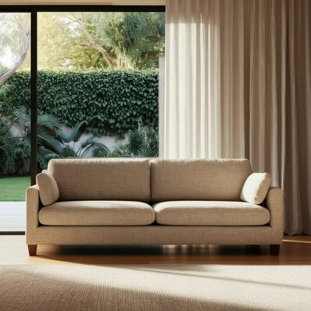 Gael 3 Seater Sofa Beige Weave-Wood with soft fabric cushions and wooden legs, 221 cm wide