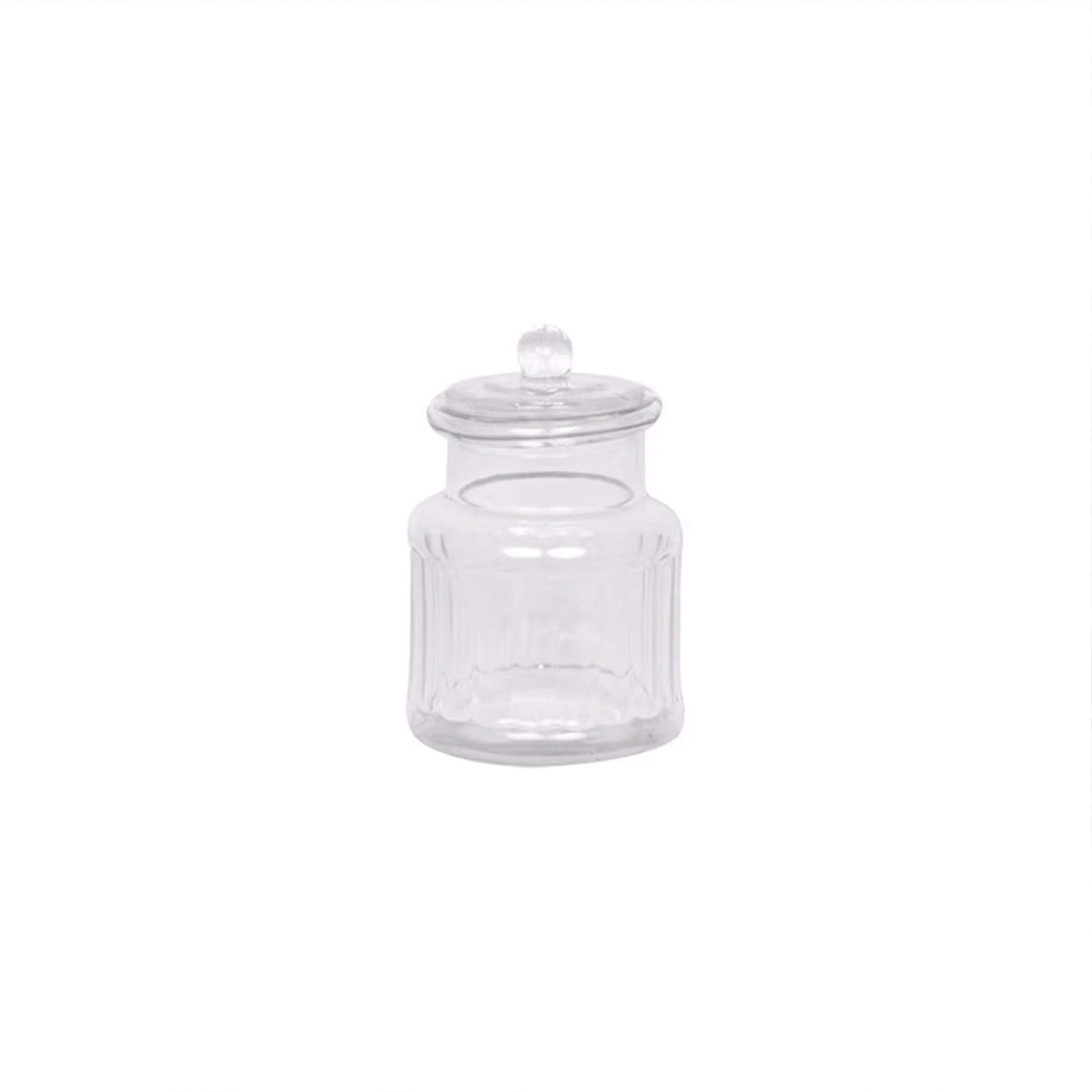 Vera Glass Jar Set – clear ribbed glass storage jars with elegant lids, available in small, medium, and large sizes.