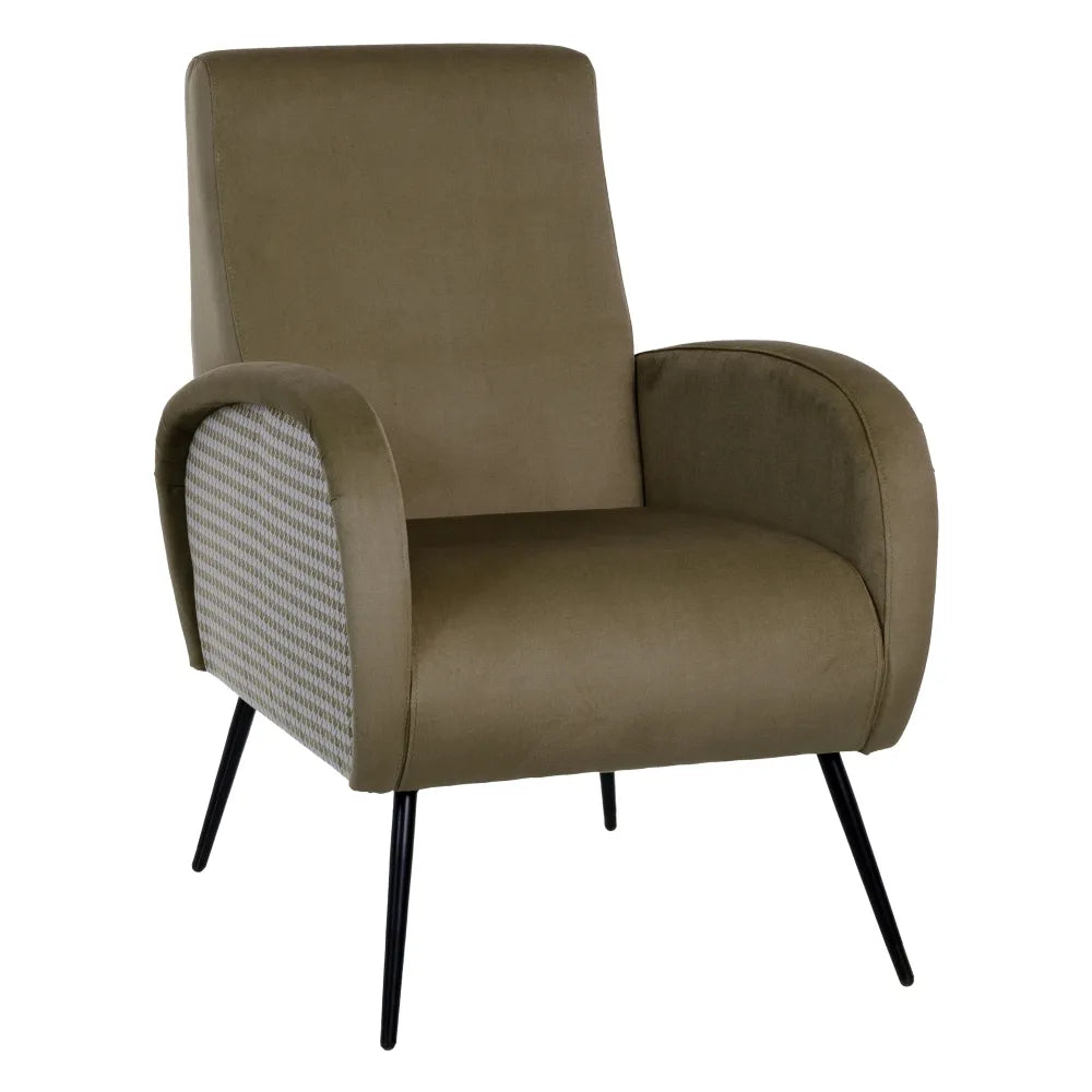 Lucia olive green fabric armchair with modern metal legs in a stylish interior