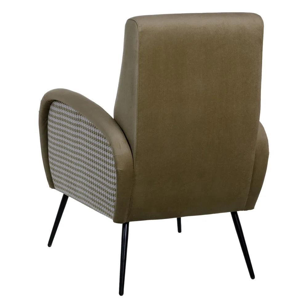 Lucia olive green fabric armchair with modern metal legs in a stylish interior