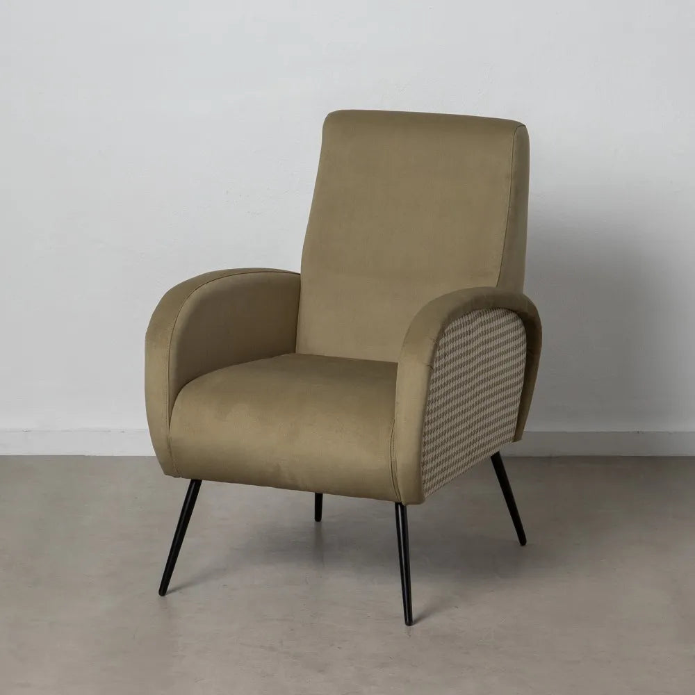 Lucia olive green fabric armchair with modern metal legs in a stylish interior