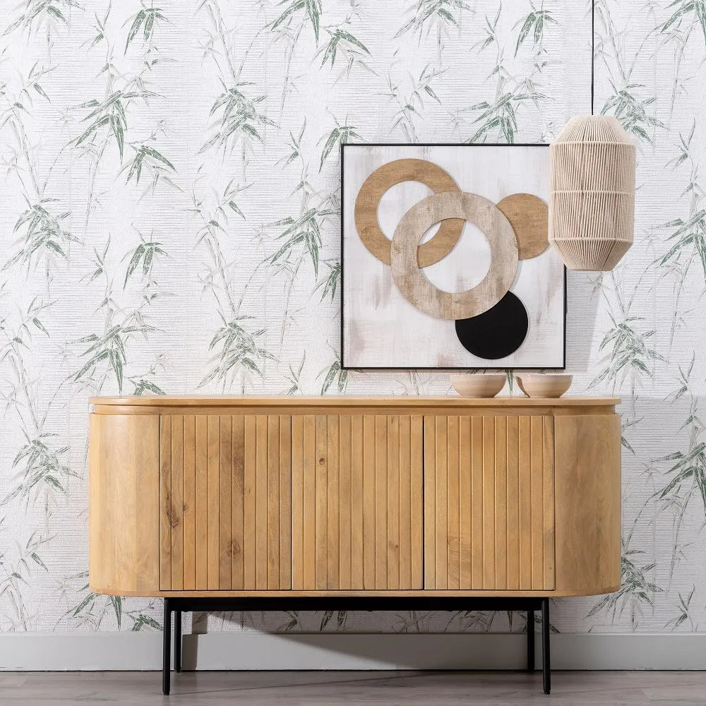Alvaro buffet with natural wood finish and black iron legs in modern interior