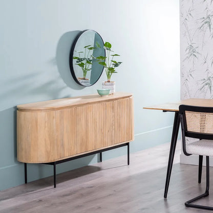 Abril natural wood buffet with black iron legs and slatted door design
