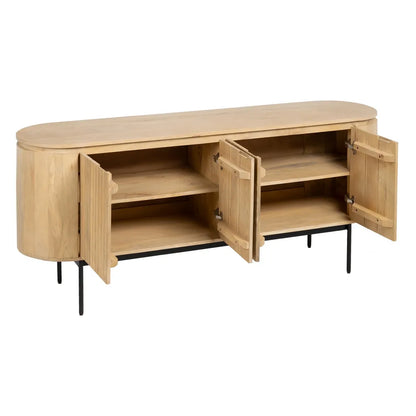Abril natural wood buffet with black iron legs and slatted door design