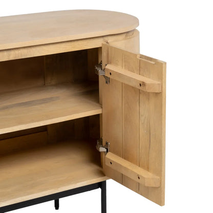 Abril natural wood buffet with black iron legs and slatted door design