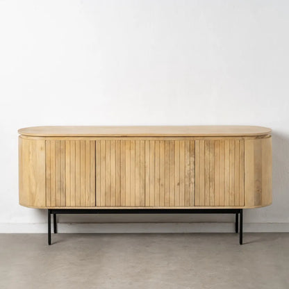 Abril natural wood buffet with black iron legs and slatted door design