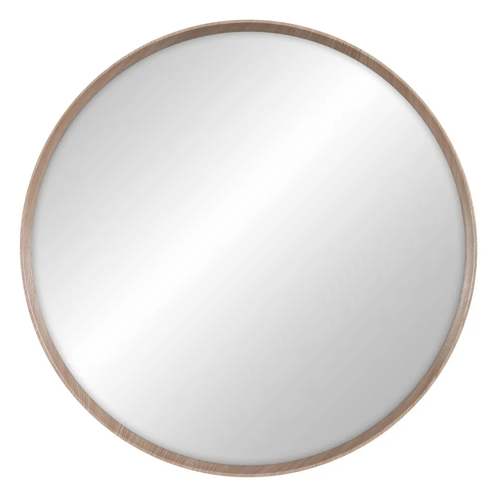 Alba round wall mirror with natural nude MDF frame in a modern interior