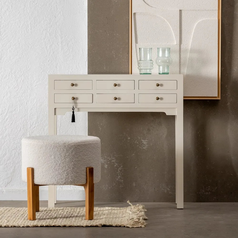 Blanca white wooden console with 6 drawers and brass handles