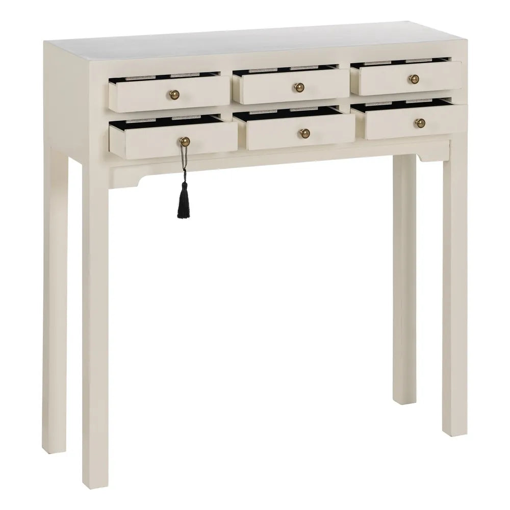 Blanca white wooden console with 6 drawers and brass handles