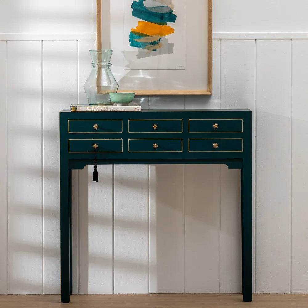 Ainara blue wooden console with 6 drawers and gold trim