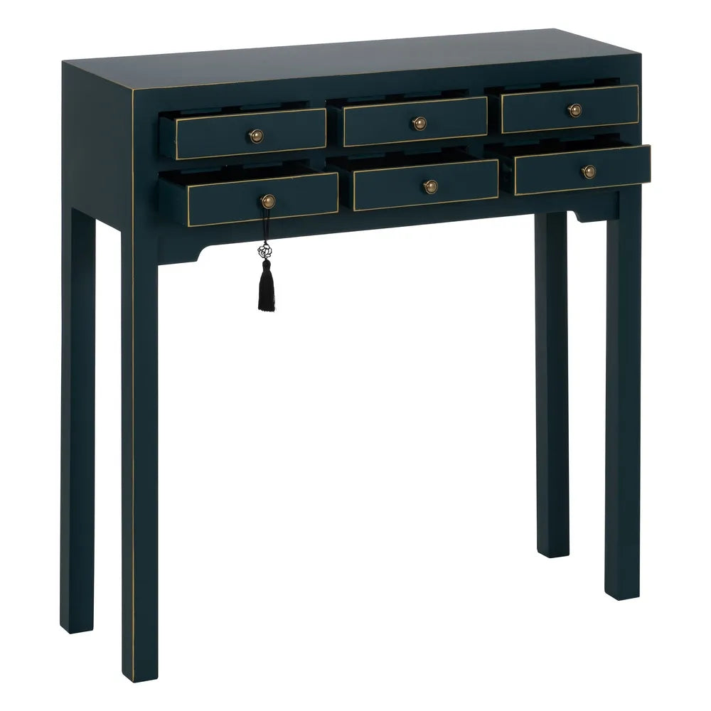 Ainara blue wooden console with 6 drawers and gold trim