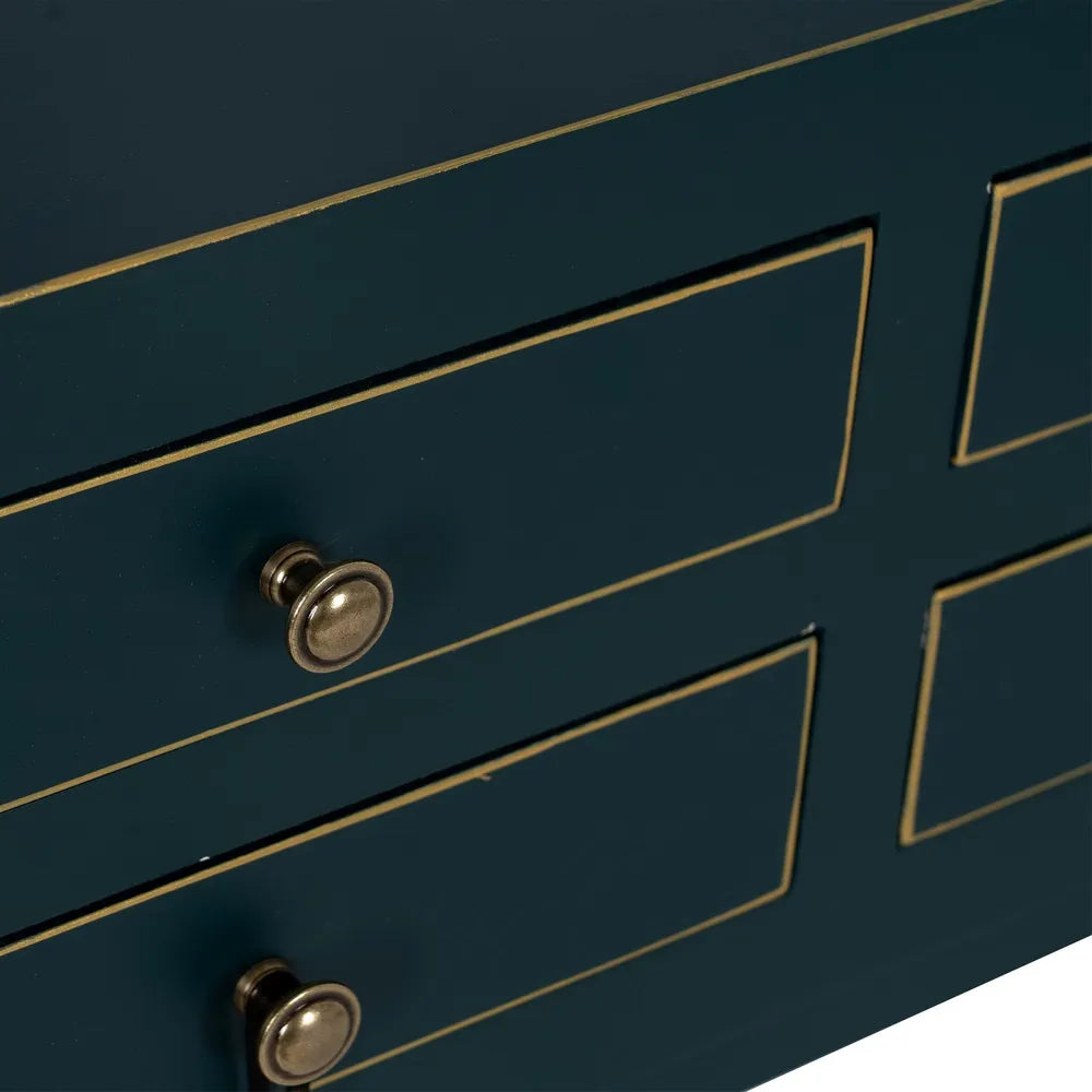 Ainara blue wooden console with 6 drawers and gold trim